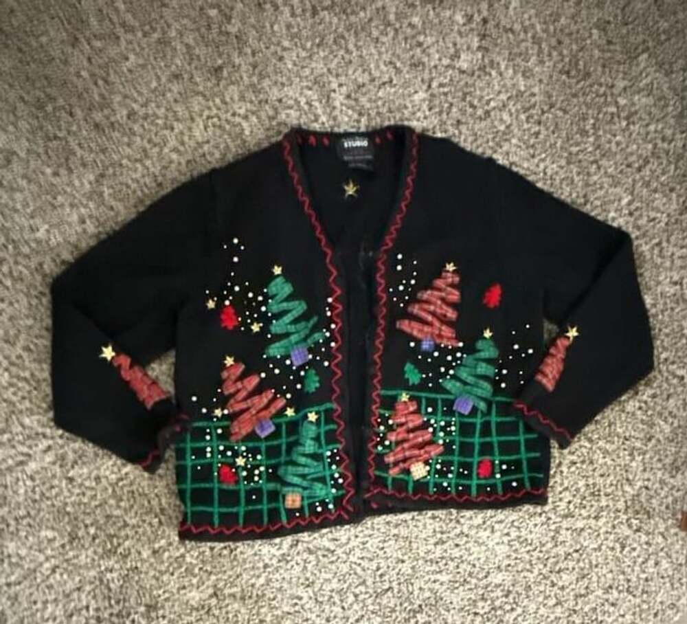 Studio Joy Christmas Cardigan Sweater Size P/M Black Ugly Christmas